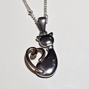 JCM Hallmark Stainless Steel Two Tone Kitty Cat Pendant Necklace 16 To 18"